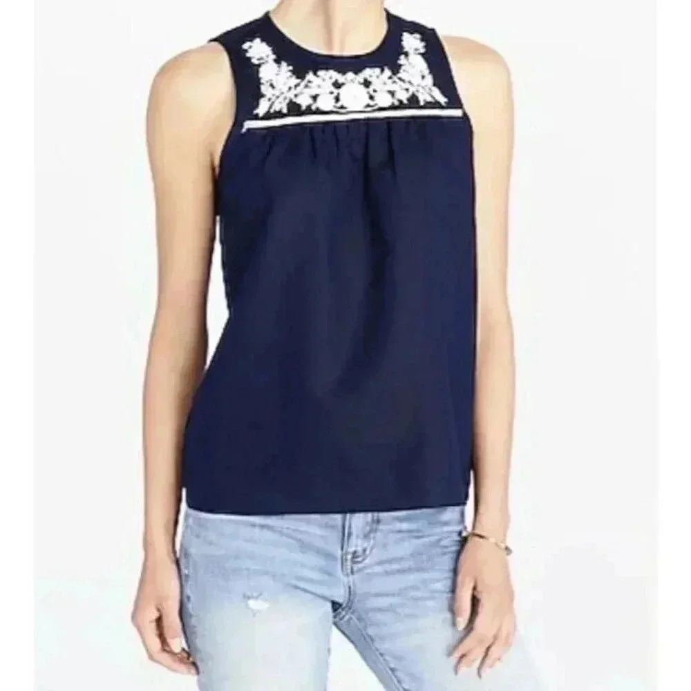 J CREW Embroidered Cotton Linen Shell Tank Navy Blue 2 NEW 628